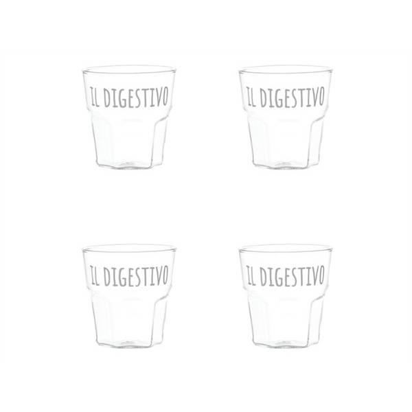 Set 4 bicchierini Liquore, scritta bianco, "Il Digestivo" in vetro borosilicato, trasparente. Simple day