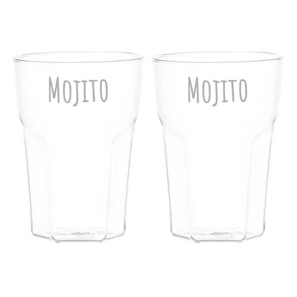 Set 2 bicchieri, scritta bianco, "Mojito" in vetro borosilicato, trasparente. Simple day