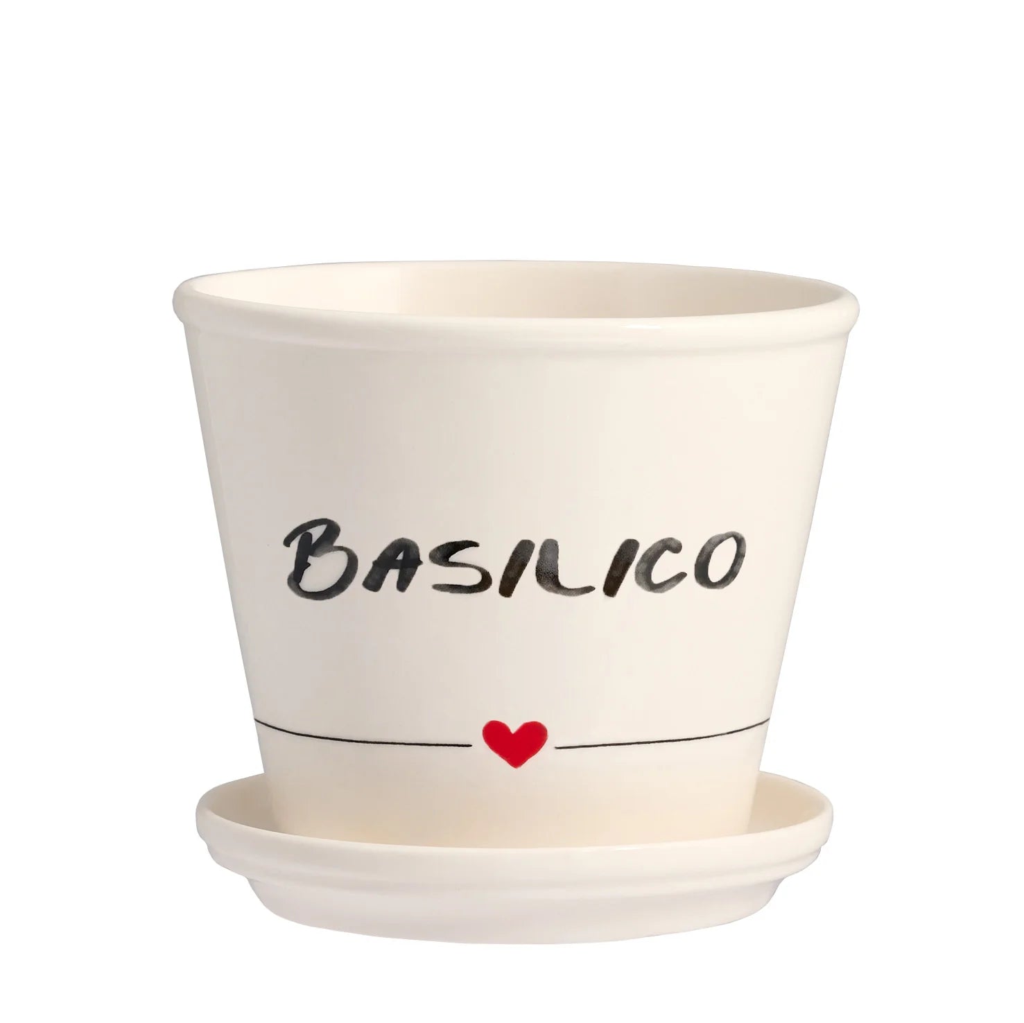 Vaso Basilico con sottovaso in gres decoro "Basilico" bianco con scritta in nero. Simple day