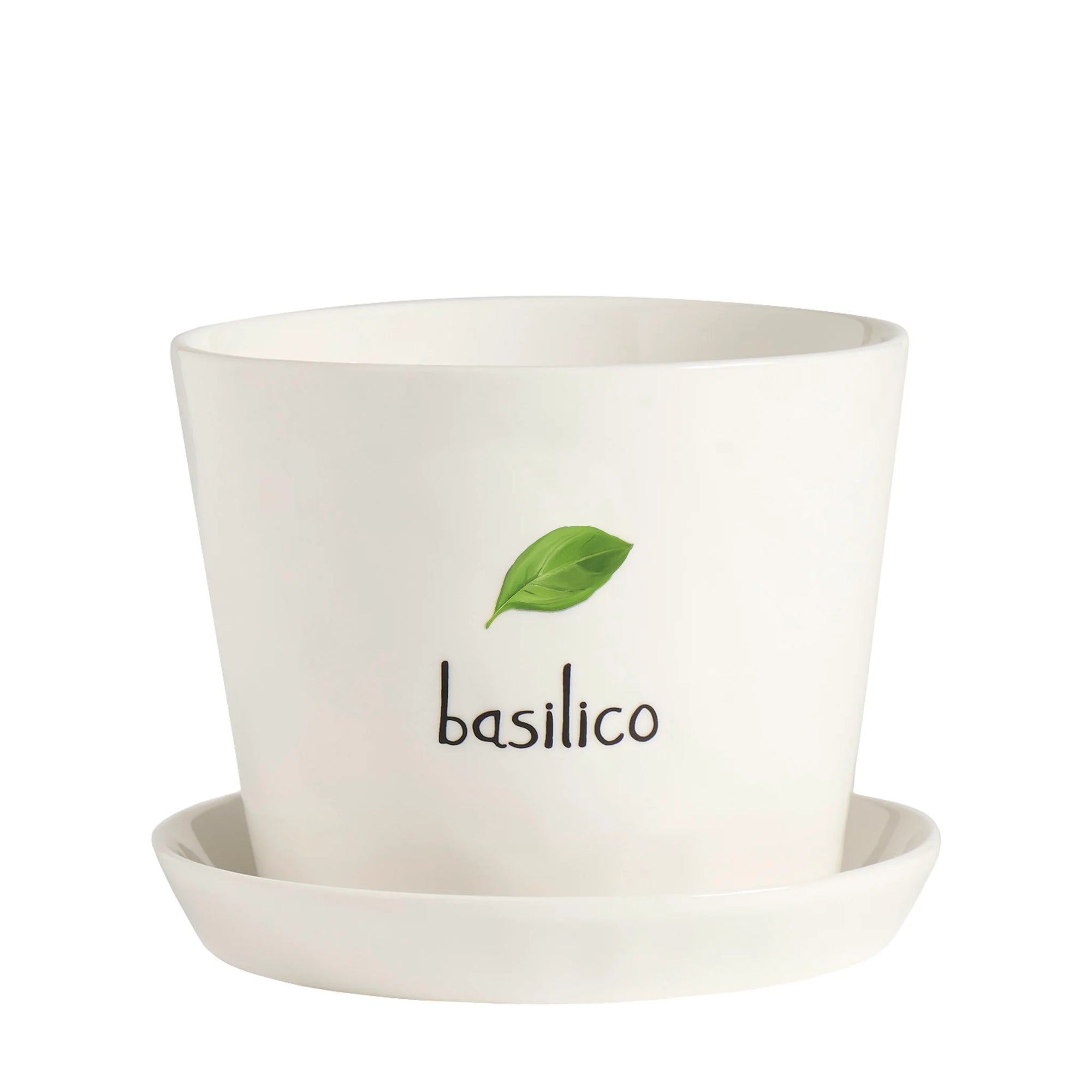 Vaso con sottovaso in gres decoro &quot;Basilico&quot; bianco con scritta in nero. Simple day