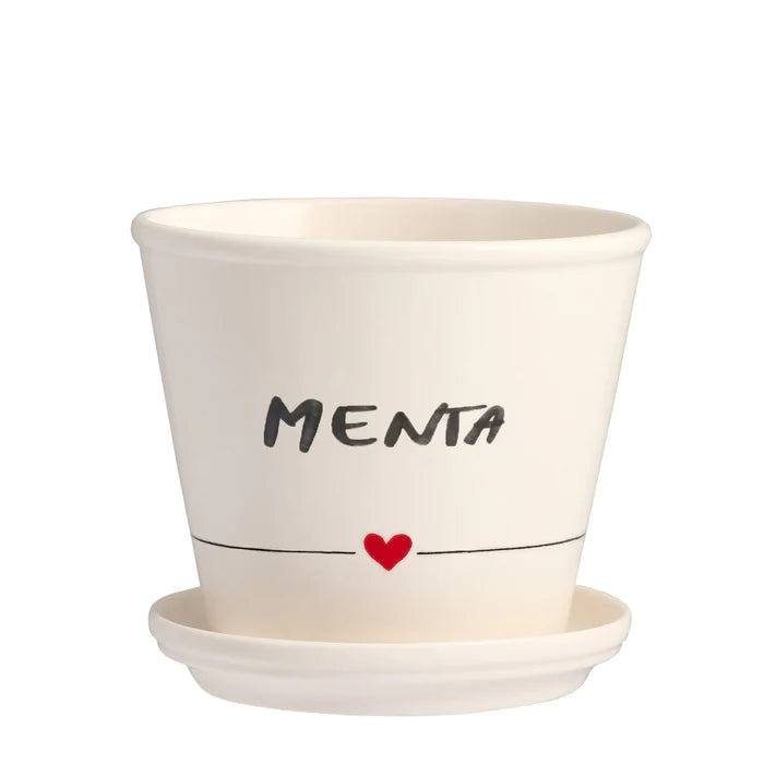 Vaso Menta con sottovaso in gres decoro "Menta" bianco con scritta in nero. Simple day