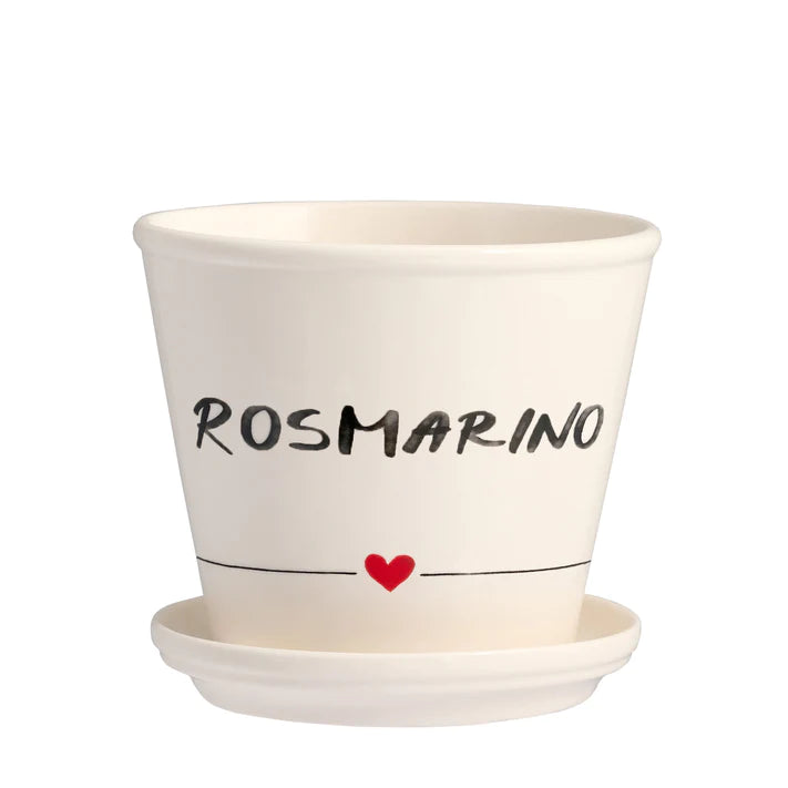 Vaso Rosmarino con sottovaso in gres decoro "Rosmarino" bianco con scritta in nero. Simple day