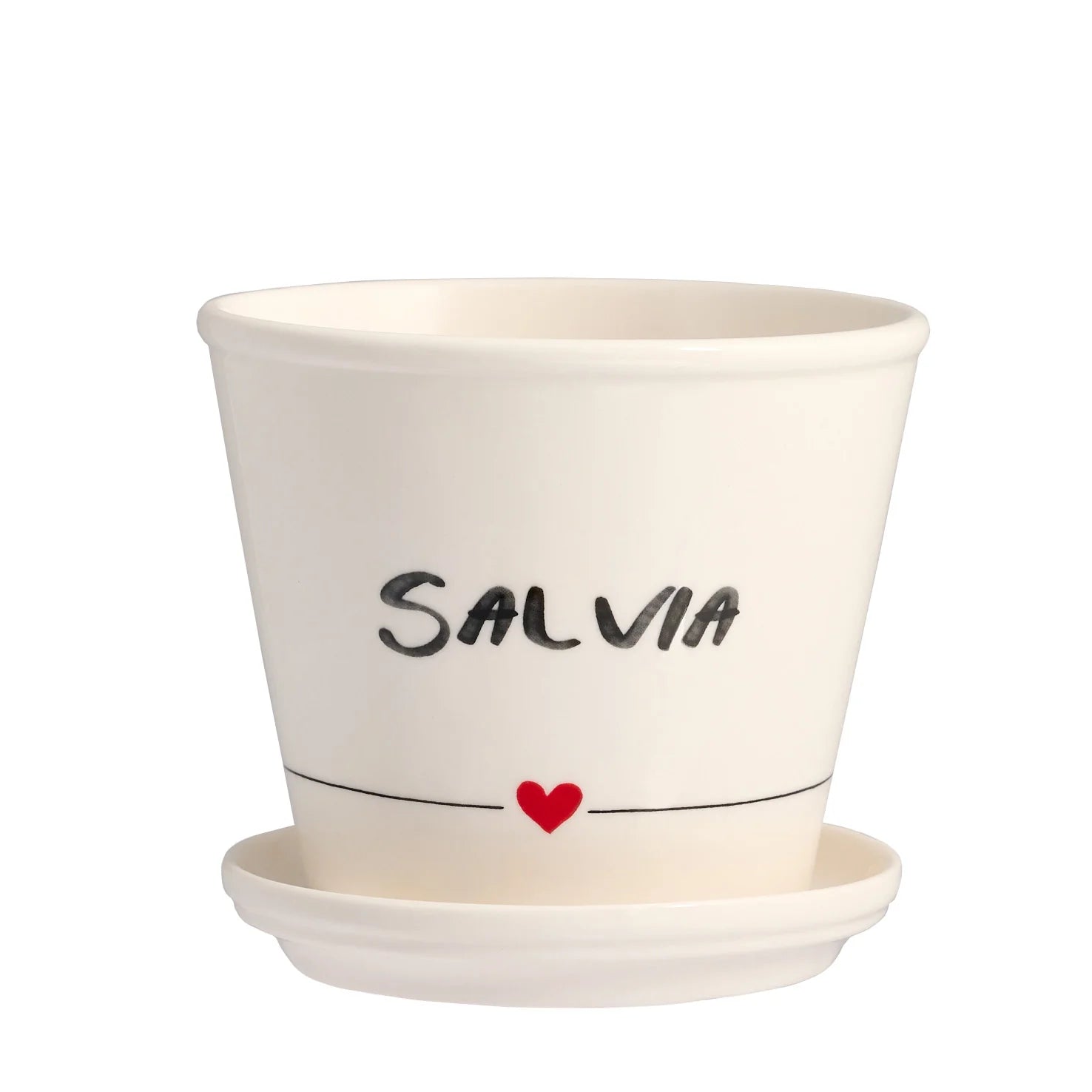 Vaso Salvia con sottovaso in gres decoro "Salvia" bianco con scritta in nero. Simple day