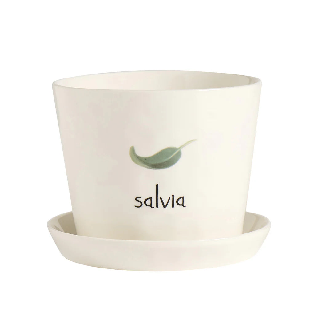 Vaso con sottovaso in gres decoro "Salvia" bianco con scritta in nero. Simple day