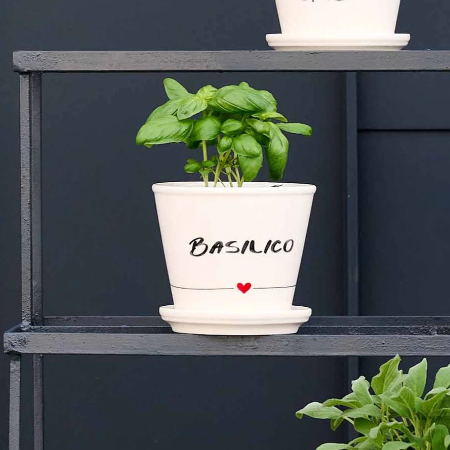 Vaso Basilico con sottovaso in gres decoro "Basilico" bianco con scritta in nero. Simple day