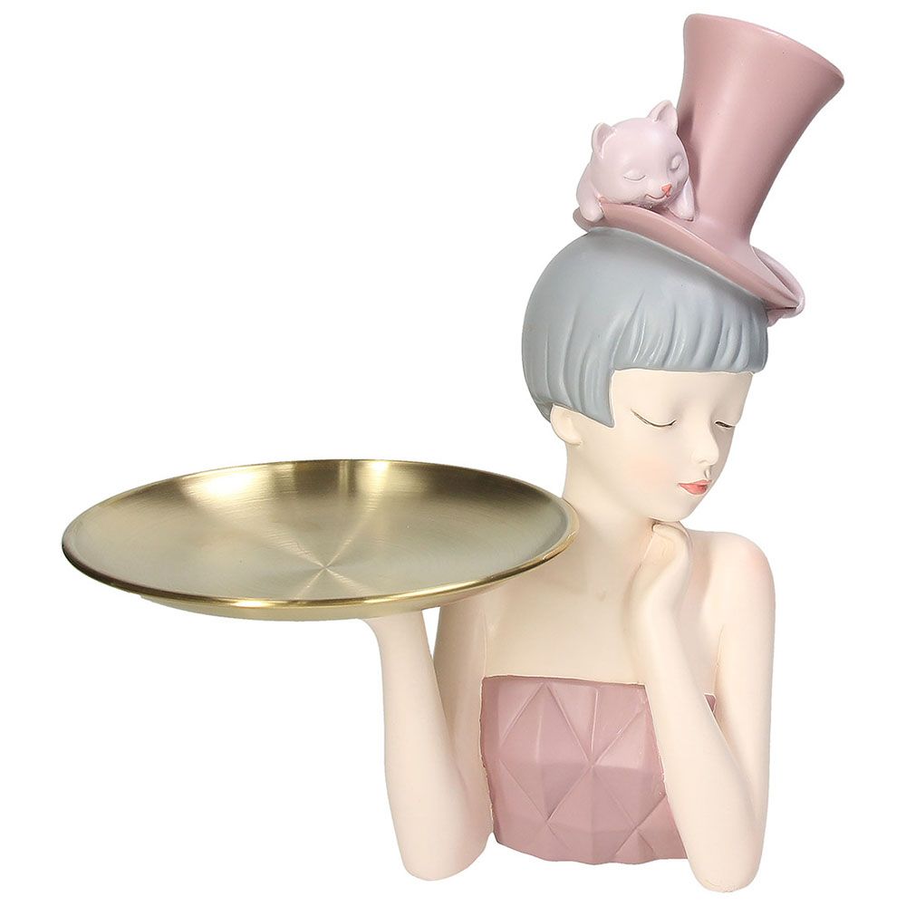 Statua Donna "Rina", con vassoio, in resina, colore vestito rosa con cappello e gattino. Tognana