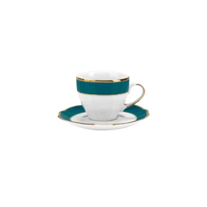 Set 6 Tazze caffè espresso con piattino Vivienne, colore ottanio e filo oro. Fade